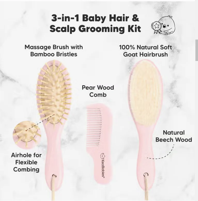 KeaBabies Wooden Hair Brush and Comb Set (Blush) - Image 2